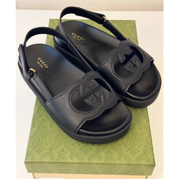 Gucci Shoes - GUCCI Womens Size 39.5 Interlocking G Leather Slingback Sandals Black Cutout NEW